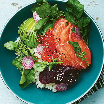 alexis-gabriel-ainouzs-salmon-avocado-and-pickled-beetroot-rice-bowl